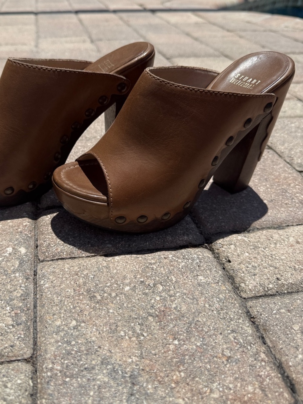 Stuart Weitzman Brown Leather Studded Peep-Toe Platform Mules